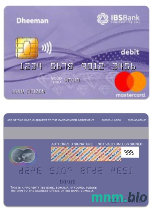 Somalia IBS Bank Daheem debet przykład karty mastercard w formacie PSD